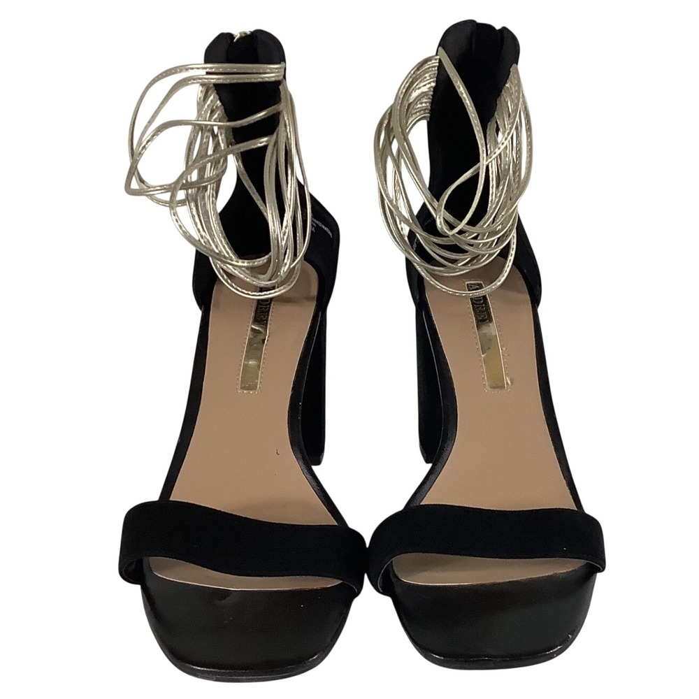 Audrey Brooke Ava Black Leather Gold Ankle Wrap Block Heel Sandals Womens 10M